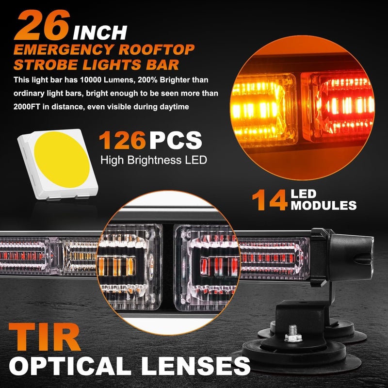 ASPL 26inch 126 LED Rooftop Emergency Strobe Lights Bar Double Side Flashing Safety Warning Traffic Advisor Light Bar Hazard Snow Plow Light for Work Trucks Vehicles Construction Tow Pickup(Amber/Red) - Image 2